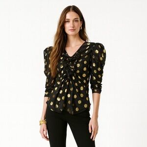 Anthropologie Let Me Be Top Black Gold Polka Dot Puff Sleeve Ruffle Whimsigoth L